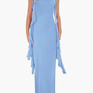 Light Blue PrettyGarden Ruffle Maxi Dress with Cowl Neck - Small